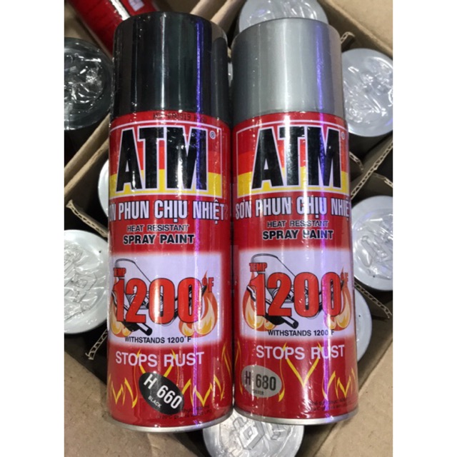 Sơn chịu nhiệt ATM, dạng chai xịt 400ml. Gồm 2 màu đen và bạc, chuyên dùng sơn xe ô tô, xe máy, bô xe...#1 Sơn phun chịu nhiệt ATM H660 Bình Dương