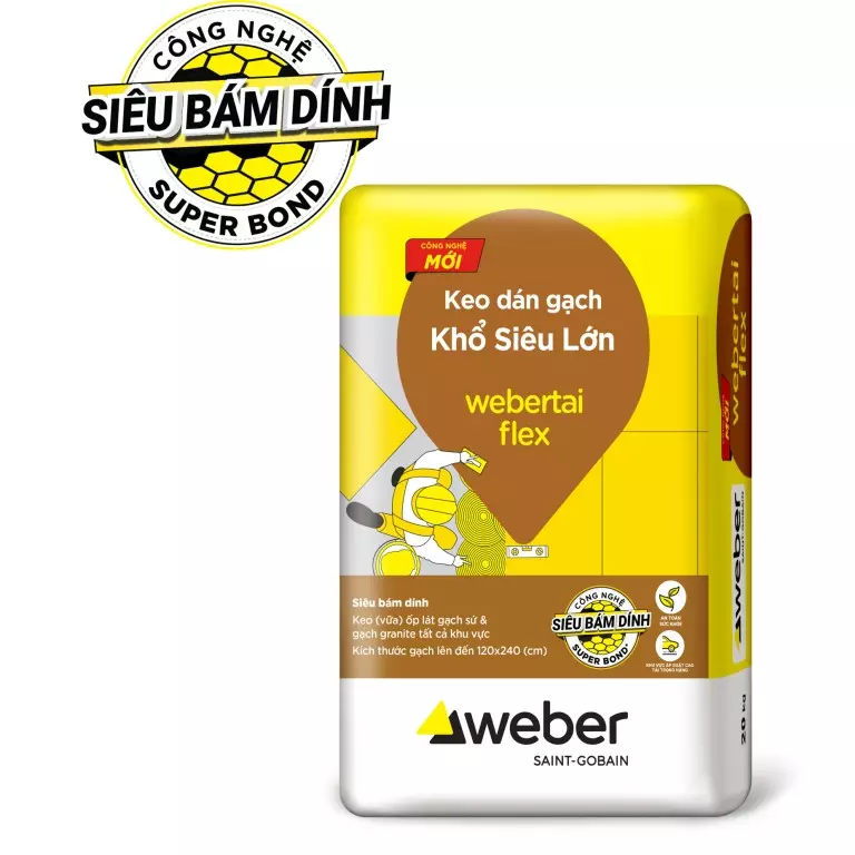 #1 Phân phối Keo dán gạch ngoại thất Webertai flex Bình Dương | Đóng gói: 20 kg/bao Màu sắc: Màu Xám Loại gạch: Gạch men, sứ, granite, mosaic và đá tự nhiên (khối lượng tối đa 45kg/m2)