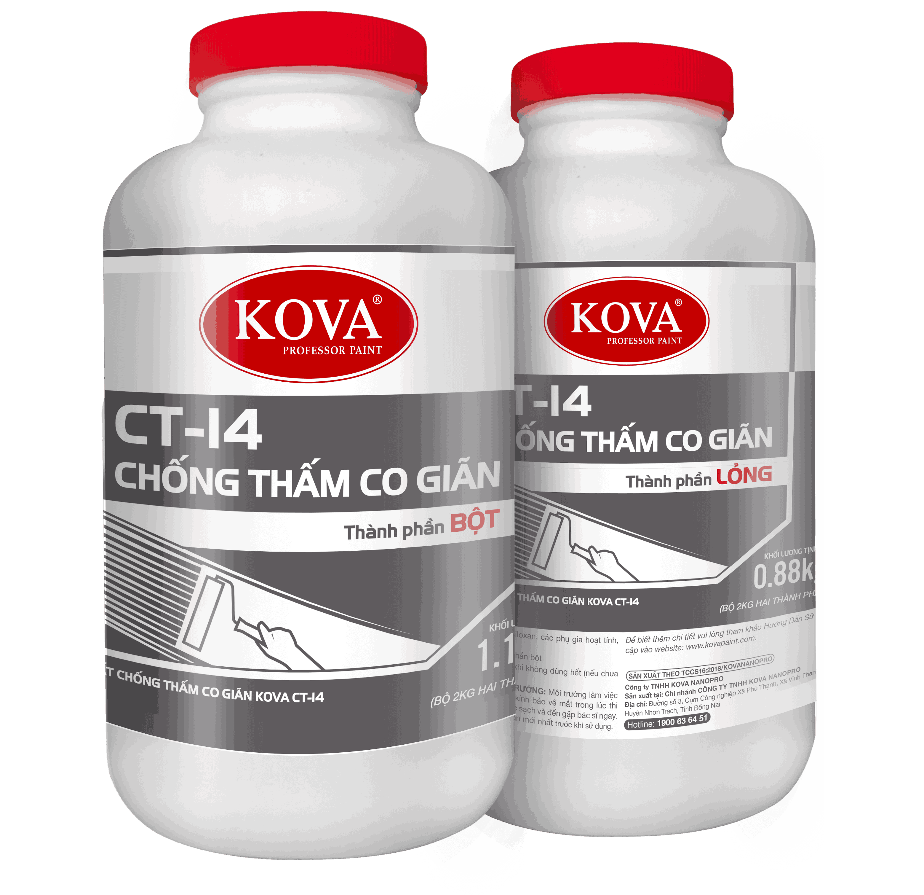#1 Chất chống thấm co giãn KOVA CT-14 Bình Dương có độ co giãn rất cao, bám dính tốt vào ximăng và bêtông dùng để trám trét khe nứt lớn, mối nối hoặc khe co giãn.